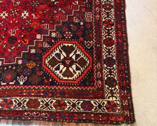 T1 - $395. Persian Shiraz Are Rug - feels like wool but no tag. Measures 70” x 113”. Very gently used - I think it’s relatively new.