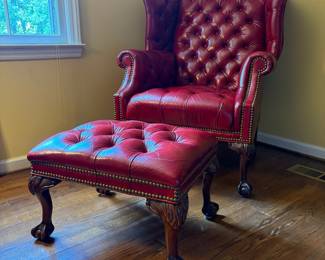 T53 - $325. Queen Anne Tufted Leather Chair & Ottoman. Excellent Condition. Measures 33" x 33" deep x 41" tall. Floor to Seat is 18". Ottoman is 23" x 18" x 15".
