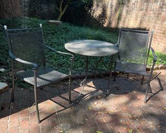 T81 - $275. Cement Top Patio Table with 2 Chairs & Bench. Table measures 27.5" round x 28.5" tall. 2 Arm Chairs are 23" x 22" x 36" tall. Bench is 42.5" x 22" x 36" tall.