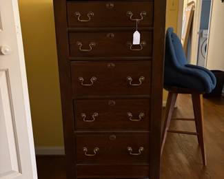 T59 - $175. Wooden Lingerie Chest. All drawers slide perfectly. Measures 26" x 17" x 47.25" tall.