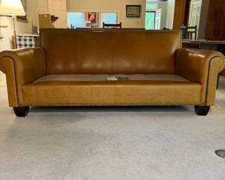T2 - $950. Highland House “Expressions” Leather Sofa with Down Cushion. VERY squishy seat! Very deep seat. One arm has some cracking in the leather the other is still perfect. See photos. Measures 7’ long x 45” deep x 36” tall. Floor to Seat is 20”.