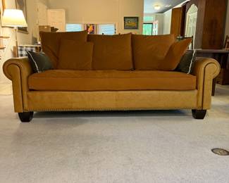 T2 - $950. Highland House “Expressions” Leather Sofa with Down Cushion. VERY squishy seat! Very deep seat. One arm has some cracking in the leather the other is still perfect. See photos. Measures 7’ long x 45” deep x 36” tall. Floor to Seat is 20”.