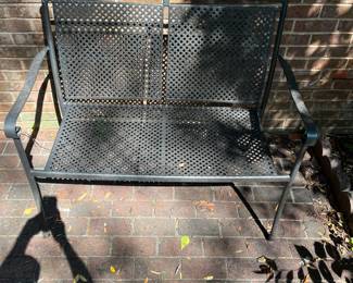 T81 - $275. Cement Top Patio Table with 2 Chairs & Bench. Table measures 27.5" round x 28.5" tall. 2 Arm Chairs are 23" x 22" x 36" tall. Bench is 42.5" x 22" x 36" tall.