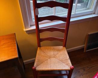 T57 - $40. Single Ladder Back Chair. Measures 17.25" wide x 14" deep x 43.75" tall. Floor to seat is 17.25".