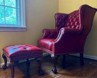 T53 - $325. Queen Anne Tufted Leather Chair & Ottoman. Excellent Condition. Measures 33" x 33" deep x 41" tall. Floor to Seat is 18". Ottoman is 23" x 18" x 15".