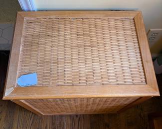 T56 - $35. Wood & Rattan Laundry Hamper. Measures 20.5" x 14.25" x 21" tall.