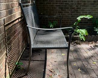 T81 - $275. Cement Top Patio Table with 2 Chairs & Bench. Table measures 27.5" round x 28.5" tall. 2 Arm Chairs are 23" x 22" x 36" tall. Bench is 42.5" x 22" x 36" tall.