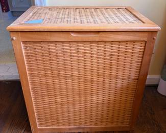 T56 - $35. Wood & Rattan Laundry Hamper. Measures 20.5" x 14.25" x 21" tall.