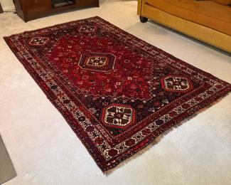 T1 - $395. Persian Shiraz Are Rug - feels like wool but no tag. Measures 70” x 113”. Very gently used - I think it’s relatively new.