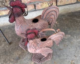 Metal rooster candle holder lanterns with wire handles, pair