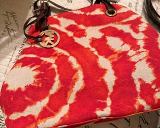 Michael Kors tie-dye canvas tote bag with brown leather handles