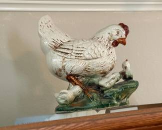Ceramic hen with chicks figurine, crackle glaze finish