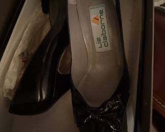 Liz Claiborne black leather slingback heels with bow detail