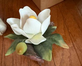 Porcelain magnolia flower figurine with painted leaves