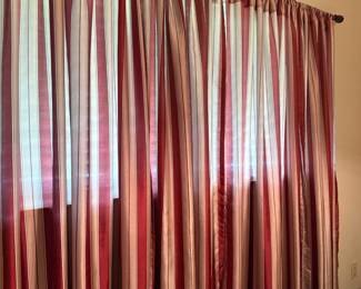 Red and gold striped satin curtain panels, set of four