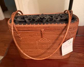 Putu by J MacLear woven rattan handbag with carved wood turtle lid
