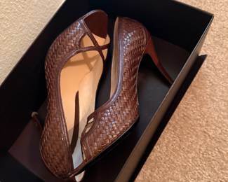 Brown woven leather peep-toe heels in original box