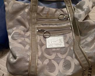 Coach Poppy signature tote bag in metallic gray with gold straps
