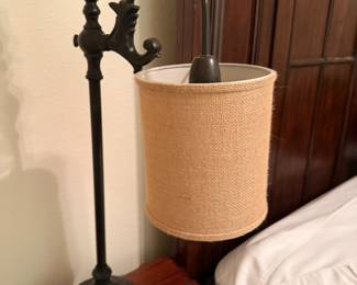 Bronze gooseneck table lamp with burlap drum shade