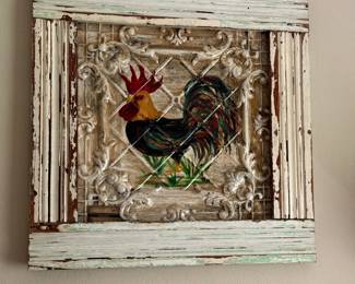 Rooster painting on antique pressed tin panel, distressed wood frame