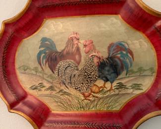 Painted rooster wall plate with red scalloped border