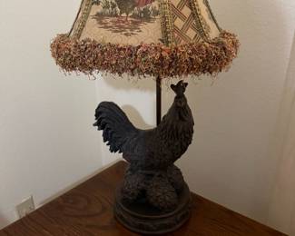 Rooster figural table lamp with tapestry rooster print shade