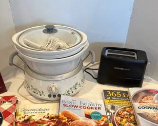Hamilton Beach Slow Cooker, KitchenAid Toaster, and Cookbooks.