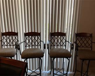 Four Wood And Metal Barstools.
