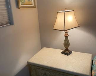 Light Toned Wood Night Stand, Lamp, And Print