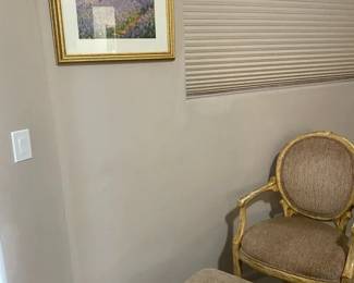 Light Wood Framed Chair, Ottoman, and Floral Print.