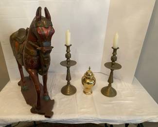 Amazing Carved Wood Horse With Brass And Bronze Decor