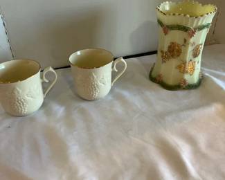 Antique Northwood Custer Glass Spooner In Sprig Pattern And Two Lenox Cups.