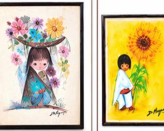 Left: Framed folk-art print of a young girl beneath a colorful arrangement of flowers. Right: Small framed folk-art print featuring a child with a large sunflower on a bright yellow background.