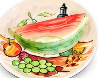 Decorative plate featuring a colorful food and produce motif.