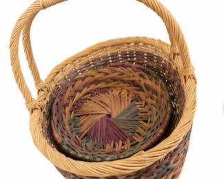 Handwoven handled basket with multicolor geometric design.