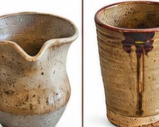 Small pottery pitcher; glazed pottery cup