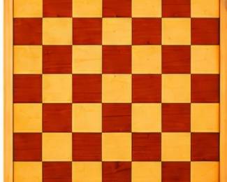 Wooden checkerboard with alternating light and dark wood squares.