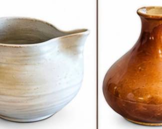 Cream pottery pitcher; Brown pottery vase