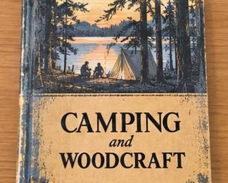 Vintage Camping and Woodcraft, illustrated outdoor guide with forest and campsite cover.