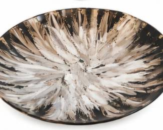 Decorative abstract ceramic platter in black, white and neutral tones.