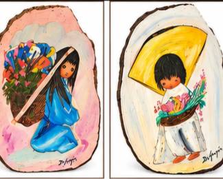 Left: Hand-painted folk-art plaque featuring a woman in blue carrying a colorful floral bundle. Right: Hand-painted folk-art plaque featuring a child in white holding flowers beneath a large yellow hat.