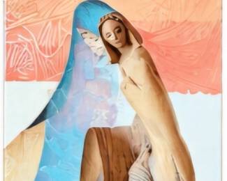Southwestern-style art piece featuring two stylized female figures in soft turquoise, coral and natural earth tones.