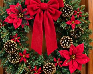 Evergreen Christmas wreath with red bows, poinsettias & pinecones-artificial