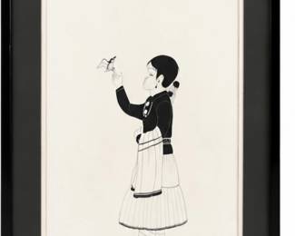 Framed black-and-white artwork depicting a woman in traditional Southwestern attire.