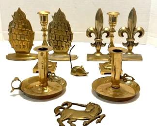 Brass Bookends, Candlesticks, Mouse Unicorn Paperweights
