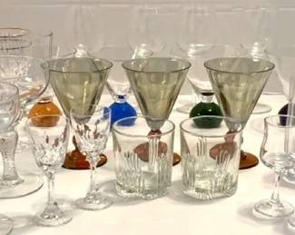 Vintage Blown Glass Colorful Martini Glasses and other Bar Ware