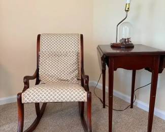 Upholstered Rocker, Dropleaf Table and Cloche Lamp