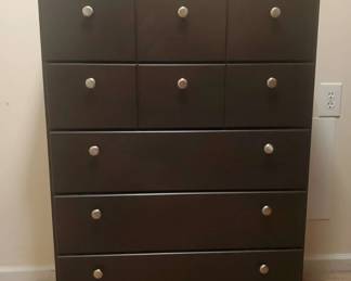 Dark Wood Tall Boy Dresser with Brushed Hardware