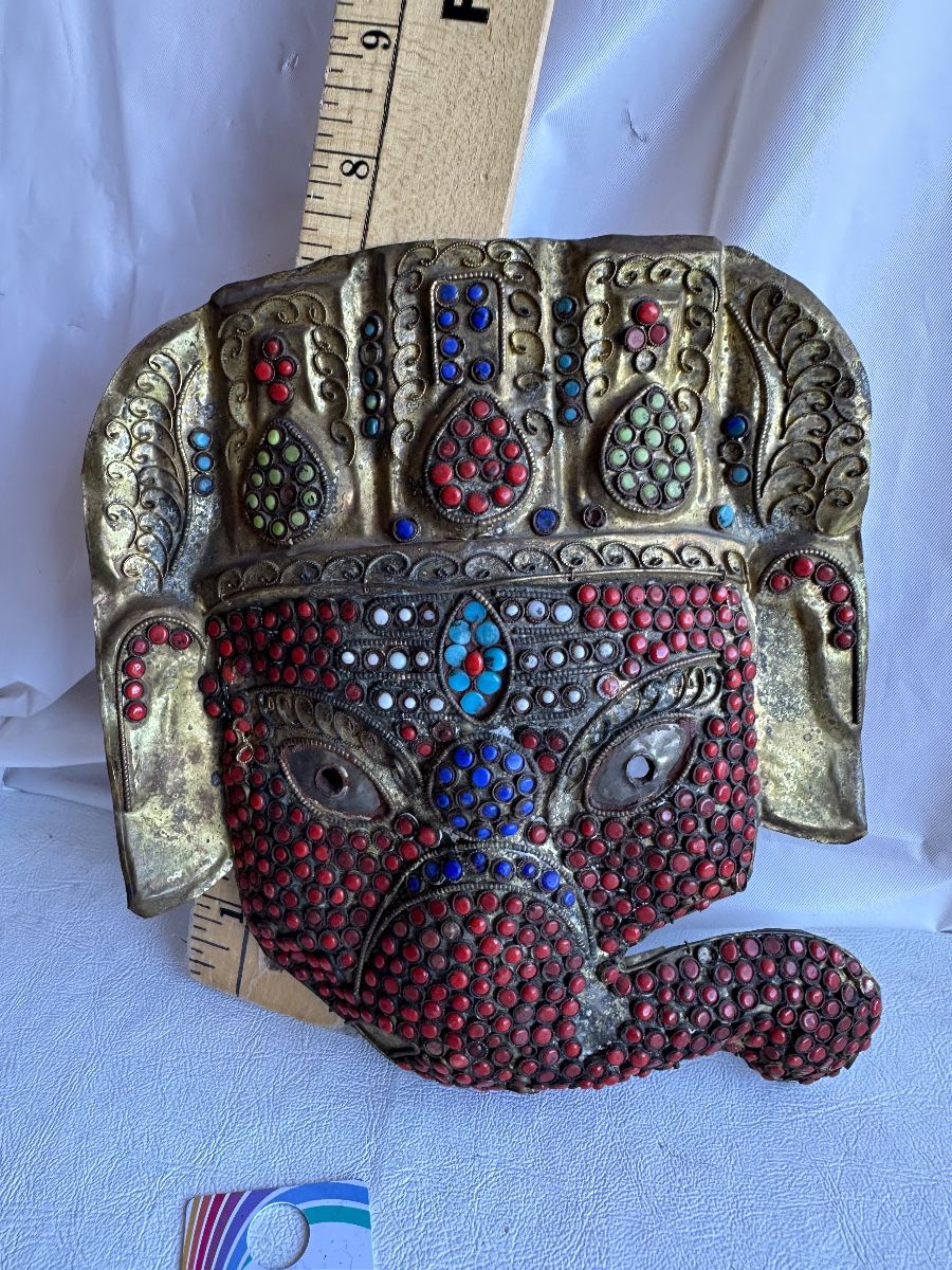 Tibetan Brass Ganesha Mask with Mosaic Inlay $55.00