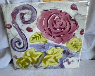Hand Painted Floral Rose Ceramic Trivet Tile